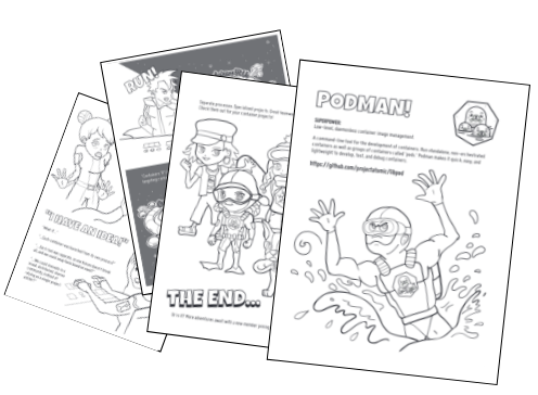 A collection of pages from the Podman coloring book.