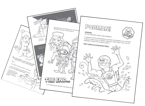 A collection of pages from the Podman coloring book.